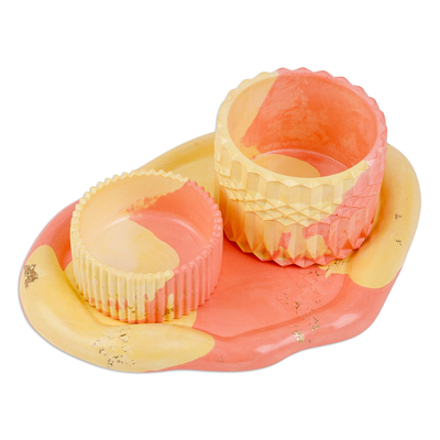 Candleholder and tray set, 'Sunny Life' (3 pieces) - Yellow and Orange Plaster Catchall and Tray Set (3 Pieces)