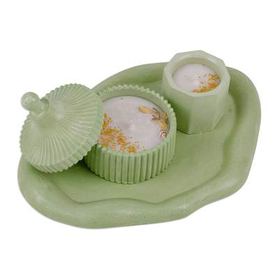 Tealight candleholder and tray set, 'Green Aromas' (3 pieces) - Green Plaster and Wax Candleholder and Tray Set (3 Pieces)