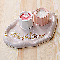 Teelichthalter und Tablett-Set, „Pink Fragrance“ (3 Stück) - Rosa Gips-Teelichthalter und Tablett-Set (3 Stück)