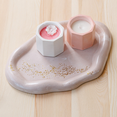 Tealight candleholder and tray set, 'Pink Fragrance' (3 pieces) - Pink Plaster Tealight Candleholder and Tray Set (3 Pieces)