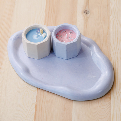 Tealight candleholder and tray set, 'Purple Fragrance' (3 pieces) - Purple Plaster Tealight Candleholder and Tray Set (3 Pieces)