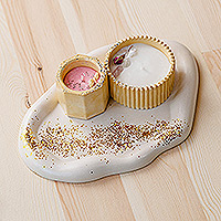 Tealight candleholder and tray set, 'Golden Space' (3 pieces) - White and Golden Candleholder and Tray Set (3 Pieces)