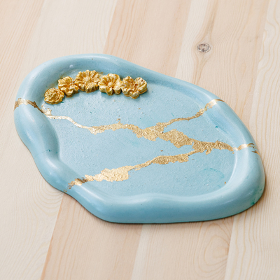 Catch all tray, 'Golden Arcadia' - Handcrafted Golden and Blue Plaster Tray with Floral Motifs
