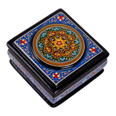 Lacquered papier mache jewelry box, 'Blue Domains' - Floral Painted Square Lacquered Papier Mache Jewelry Box