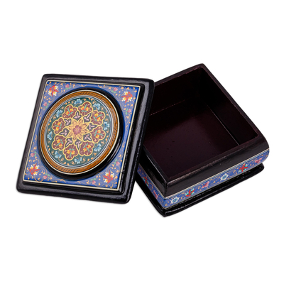 Lacquered papier mache jewellery box, 'Blue Domains' - Floral Painted Square Lacquered Papier Mache jewellery Box
