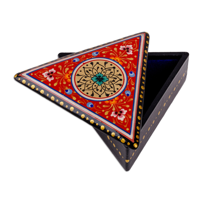 Lacquered papier mache jewelry box, 'Triangular Romance' - Handmade Red Triangular Jewelry Box with Round Floral Detail