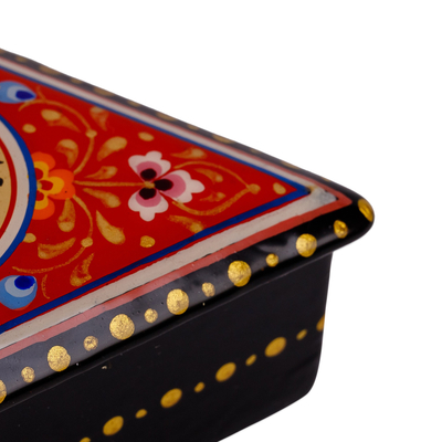 Lacquered papier mache jewelry box, 'Triangular Romance' - Handmade Red Triangular Jewelry Box with Round Floral Detail