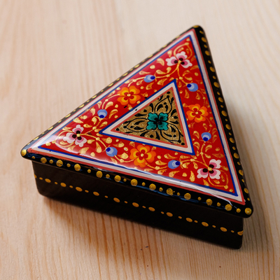 Lacquered papier mache jewelry box, 'Triangular Passion' - Handmade Red Triangular Jewelry Box with Floral Details