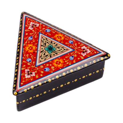 Lacquered papier mache jewelry box, 'Triangular Passion' - Handmade Red Triangular Jewelry Box with Floral Details