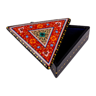 Lacquered papier mache jewellery box, 'Triangular Passion' - Handmade Red Triangular jewellery Box with Floral Details