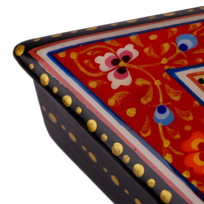 Lacquered papier mache jewellery box, 'Triangular Passion' - Handmade Red Triangular jewellery Box with Floral Details