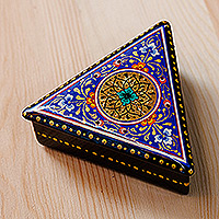 Lacquered papier mache jewelry box, 'Triangular Magic' - Painted Blue Triangular Jewelry Box with Round Floral Detail