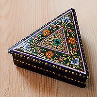 Lacquered papier mache jewelry box, 'Triangular Vitality' - Handmade Green Triangular Jewelry Box with Floral Details