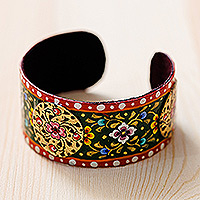 Lacquered tin cuff bracelet, 'Uzbekistan Deity' - Painted Floral Red and Green Lacquered Tin Cuff Bracelet