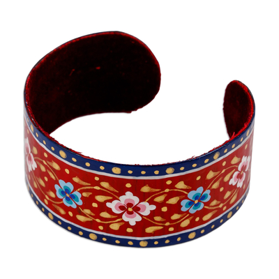 Lacquered tin cuff bracelet, 'Goddess of Passion' - Painted Floral Adjustable Blue and Red Tin Cuff Bracelet