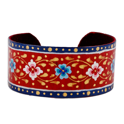 Brazalete de estaño lacado - Brazalete de estaño azul y rojo ajustable floral pintado