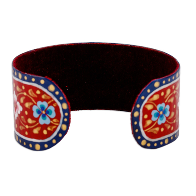 Lacquered tin cuff bracelet, 'Goddess of Passion' - Painted Floral Adjustable Blue and Red Tin Cuff Bracelet