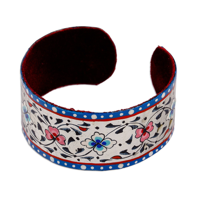 Lacquered tin cuff bracelet, 'Goddess of Harmony' - Painted Floral Adjustable Teal and White Tin Cuff Bracelet