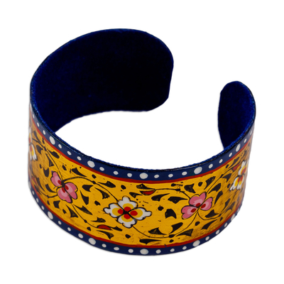 Lacquered tin cuff bracelet, 'Goddess of Victory' - Painted Floral Adjustable Blue and Yellow Tin Cuff Bracelet