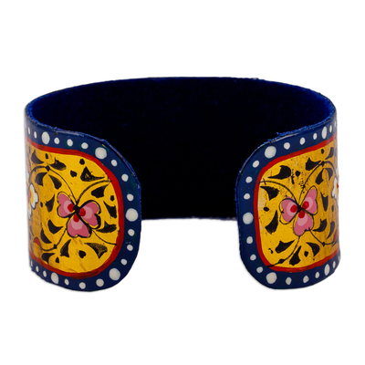 Lacquered tin cuff bracelet, 'Goddess of Victory' - Painted Floral Adjustable Blue and Yellow Tin Cuff Bracelet