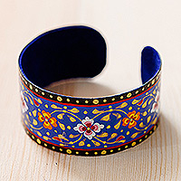 Lacquered tin cuff bracelet, 'Goddess of Magic' - Painted Floral Adjustable Black and Blue Tin Cuff Bracelet