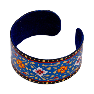 Lackiertes Manschettenarmband aus Zinn - Bemaltes, florales, verstellbares Manschettenarmband aus schwarzem und blauem Blech