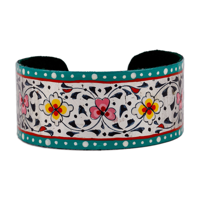 Lacquered tin cuff bracelet, 'Goddess of Peace' - Floral Adjustable Turquoise and White Tin Cuff Bracelet