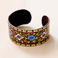 Lacquered tin cuff bracelet, 'Goddess of Forests' - Floral Adjustable Golden, Green and Brown Tin Cuff Bracelet