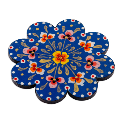 Lacquered papier mache magnet, 'Blue Flower' - Lacquered Hand-Painted Papier Mache Blue Flower Magnet