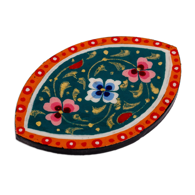 Lacquered papier mache magnet, 'Blossoming Oval' - Lacquered Hand-Painted Oval Papier Mache Floral Magnet