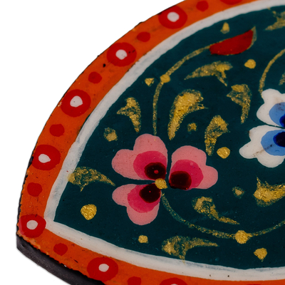 Lacquered papier mache magnet, 'Blossoming Oval' - Lacquered Hand-Painted Oval Papier Mache Floral Magnet