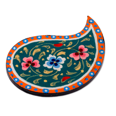 Lacquered papier mache magnet, 'Blooming Paisley' - Lacquered Hand-Painted Papier Mache Paisley & Floral Magnet