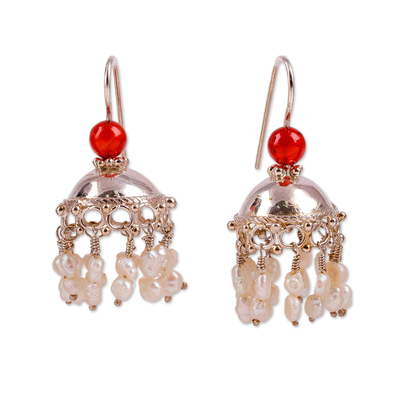 Cultured pearl and carnelian chandelier earrings, 'Lands of Fire' - Traditional Cultured Pearl and Carnelian Chandelier Earrings