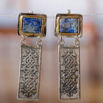 Lapis lazuli dangle earrings, 'Blue Runway' - Classic Antiqued Natural Lapis Lazuli Dangle Earrings