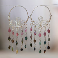 Tourmaline beaded waterfall hoop earrings, 'Creative Soul' - Natural Tourmaline Beaded Waterfall Earrings from Uzbekistan