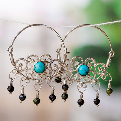 Pendientes aros candelabros de jaspe y turquesa - Pendientes clásicos de araña de aro de jaspe y turquesa