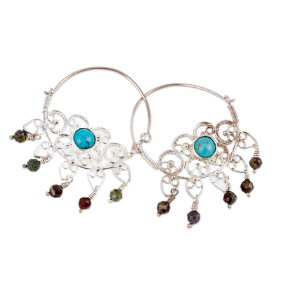 Jasper and turquoise hoop chandelier earrings, 'Resilient Desire' - Classic Jasper and Turquoise Hoop Chandelier Earrings