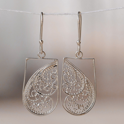 Sterling silver filigree dangle earrings, 'Fairy Window' - Rectangular Sterling Silver Filigree Dangle Earrings
