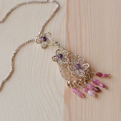 Amethyst and tourmaline filigree pendant necklace, 'Elysium Creativity' - Amethyst and Tourmaline Floral Filigree Pendant Necklace