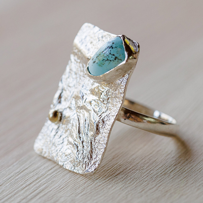 Turquoise cocktail ring, 'Lands of Hope' - Textured Rectangle-Shaped Natural Turquoise Cocktail Ring
