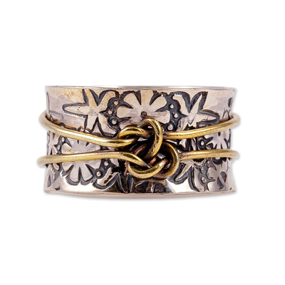 Sterling silver band ring, 'Spring Present' - Floral Sterling Silver Band Ring with Luminous Ribbon