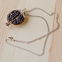 Granite pendant necklace, 'Sign of Passion' - Granite and Sterling Silver Pomegranate Pendant Necklace