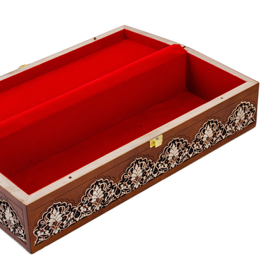 Wood jewellery box, 'Box of Miracles' - Hand-Carved Floral Walnut Wood jewellery Box from Uzbekistan
