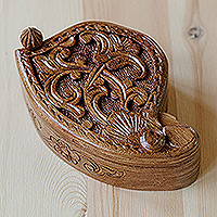 Caja de rompecabezas de madera, 'Tesoro del Mundo Antiguo' - Caja de rompecabezas de madera de olmo floral y frondoso tallada a mano