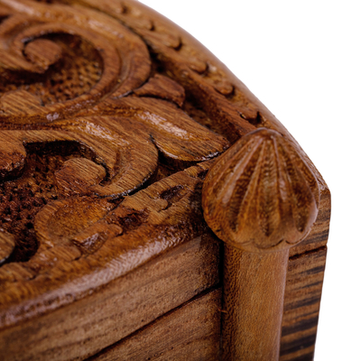Wood puzzle box, 'Ancient World Treasure' - Hand-Carved Floral and Leafy Elm Tree Wood Puzzle Box