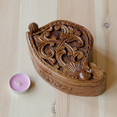 caja de rompecabezas de madera - Caja de rompecabezas de madera de olmo floral y frondoso tallada a mano