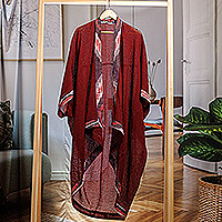 Cotton cape, 'Ikat Reign' - Ikat Patterned Crimson 100% Cotton Open-Front Cape
