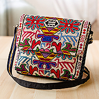Embroidered viscose sling bag, 'Noble Miss' - Floral Embroidered Viscose Sling Bag with Snap Flap Closure