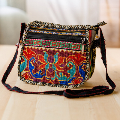 Embroidered viscose sling, 'Adventures in Uzbekistan' - Classic Floral Embroidered Viscose Sling Bag in Warm Hues