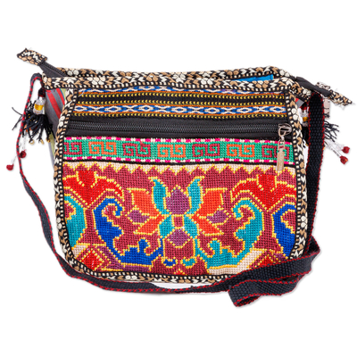 Embroidered viscose sling, 'Adventures in Uzbekistan' - Classic Floral Embroidered Viscose Sling Bag in Warm Hues